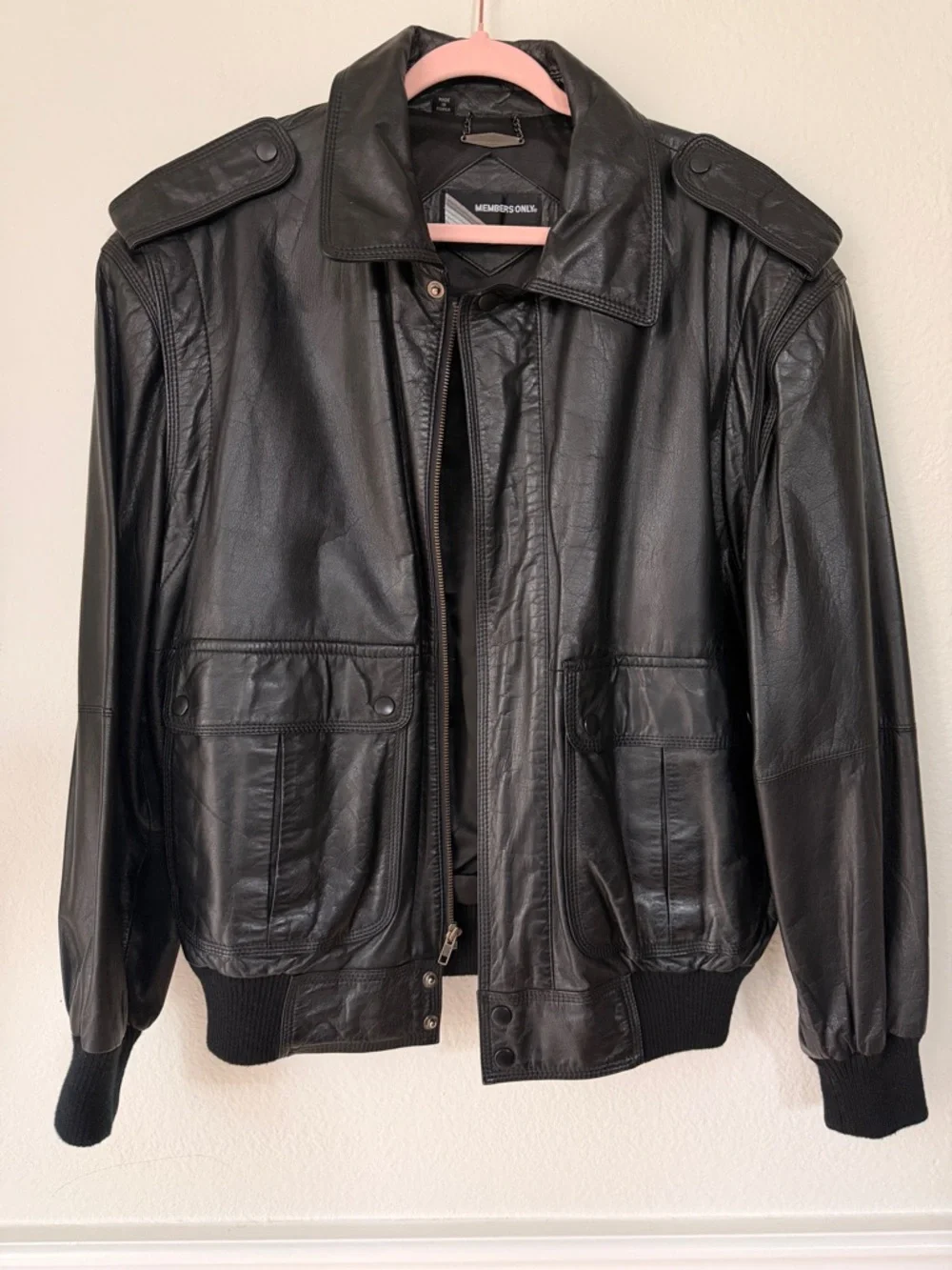 Members Only Black Leather Flight-Style Bomber Jacket‎ Classic Retro Biker M 42